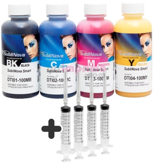 Compra Tinta sublimación para Cartuchos recargables, Sublinova Smart. 4 botellas de 100ml con jeringuillas, 4 Colores CMYK