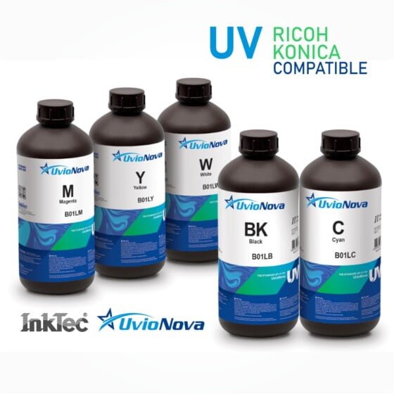 Tintas UV para Ricoh y Konica. Compatibles con impresoras UV-LED con cabezales de impresión Ricoh y Konica.